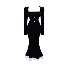 Retro mermaid dress women's autumn black retro velvet dress