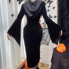 Halloween new women's suspender dress suit hooded bell sleeve spider web dress