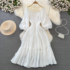 Retro palace-style lantern long-sleeved V-neck waist slimming A-line white dress elegant long skirt