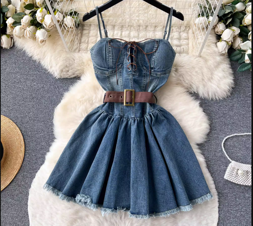 Retro Temperament Bandage Design Denim Dress ,