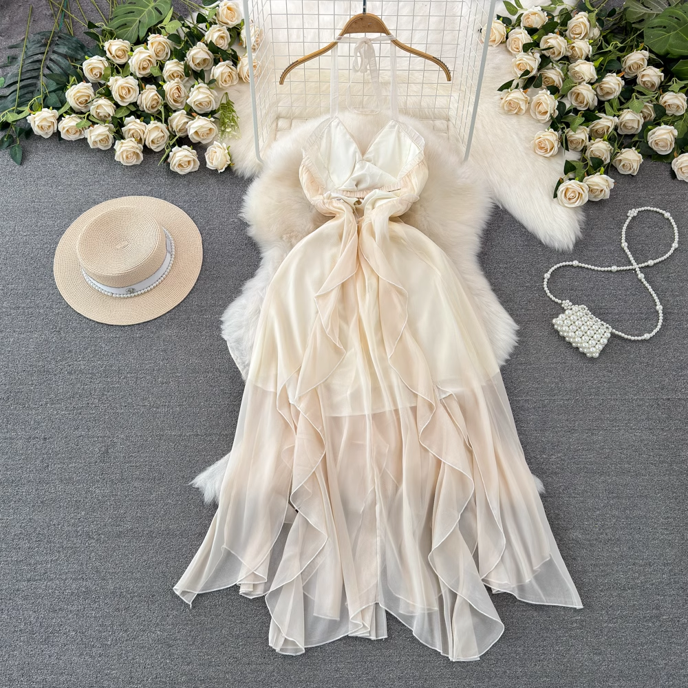 Halterneck A-line Ruffled Chiffon Dress