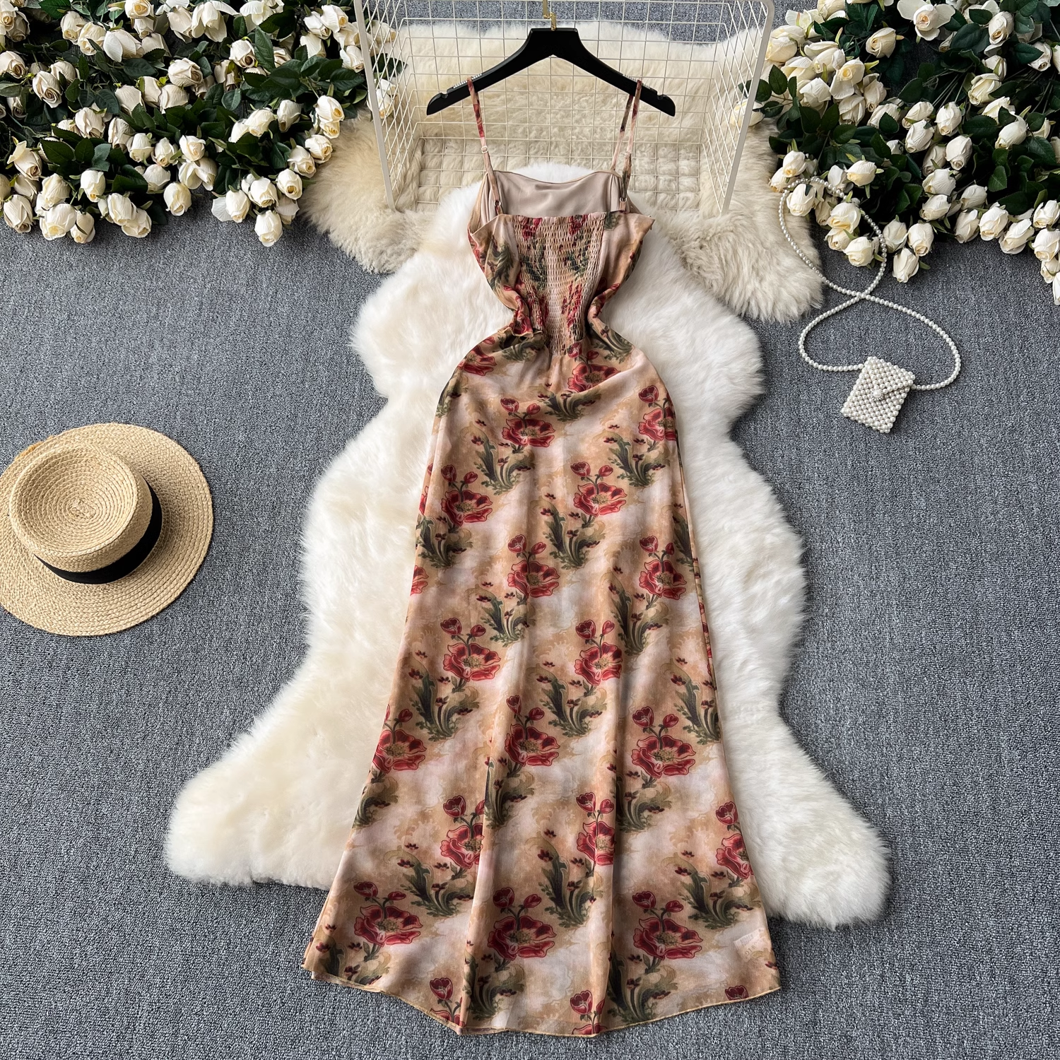 New style chic suspender printed dress for summer