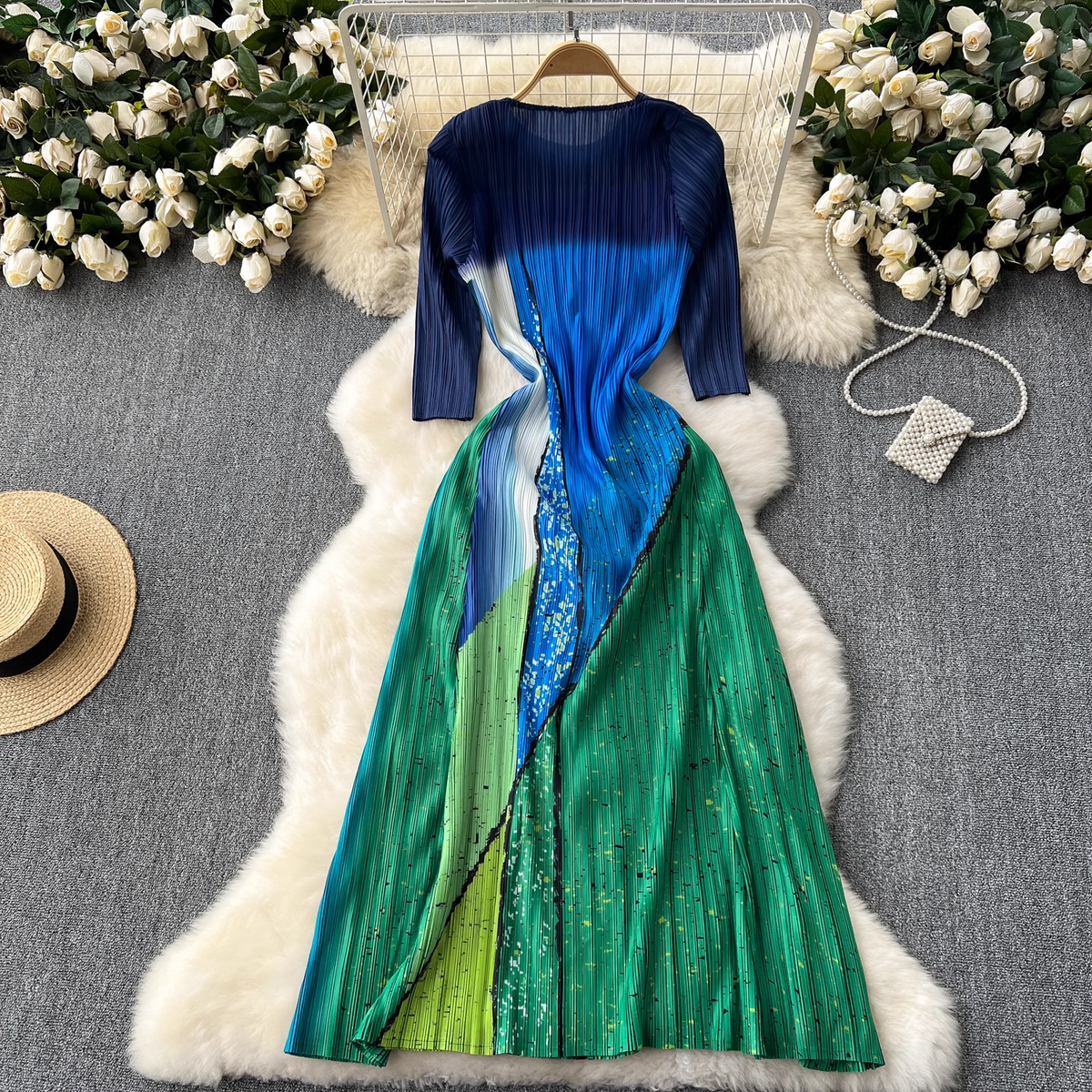 Fashionable color block pleated long dress