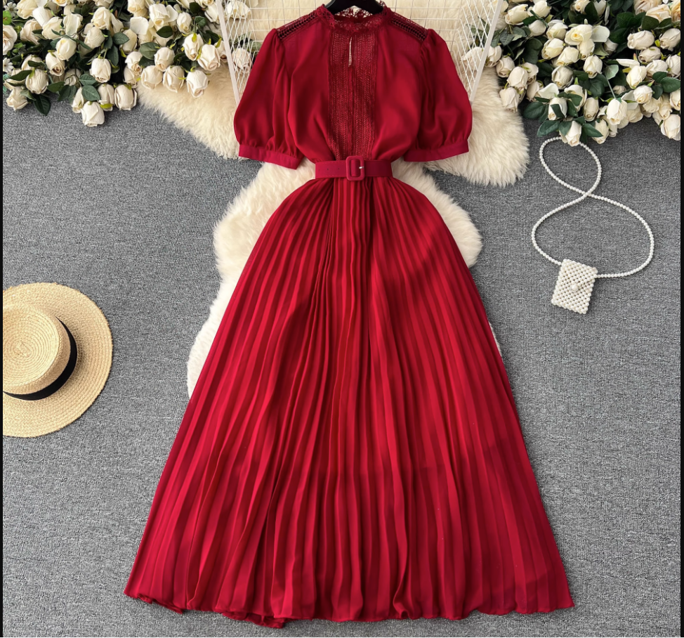 Turtleneck Puff Sleeve Pressed Pleated Dress,