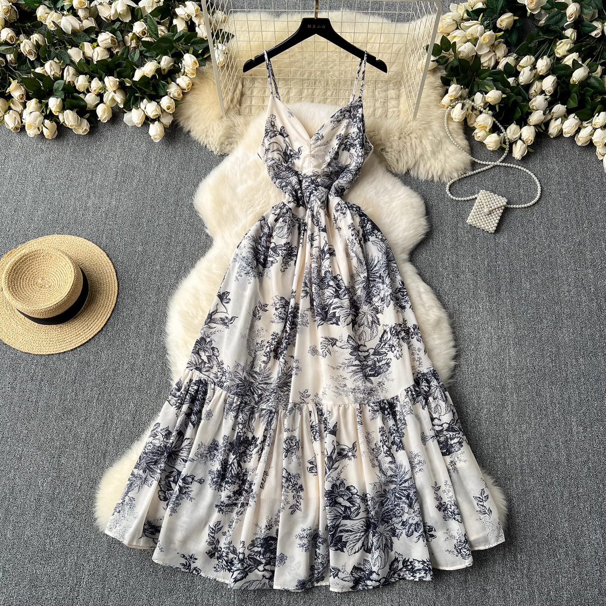 Women's summer retro ink print suspender dress