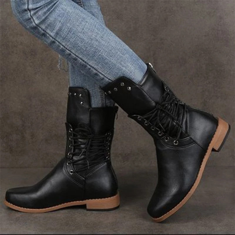 Lace Up Rivet Low Heels Boots