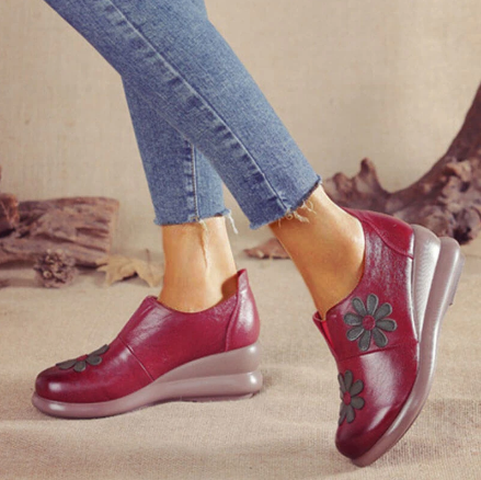 Leather Embroider Flower Wedges Loafers