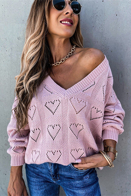 Hollow-out V Neck Long Sleeve Knitted Sweater