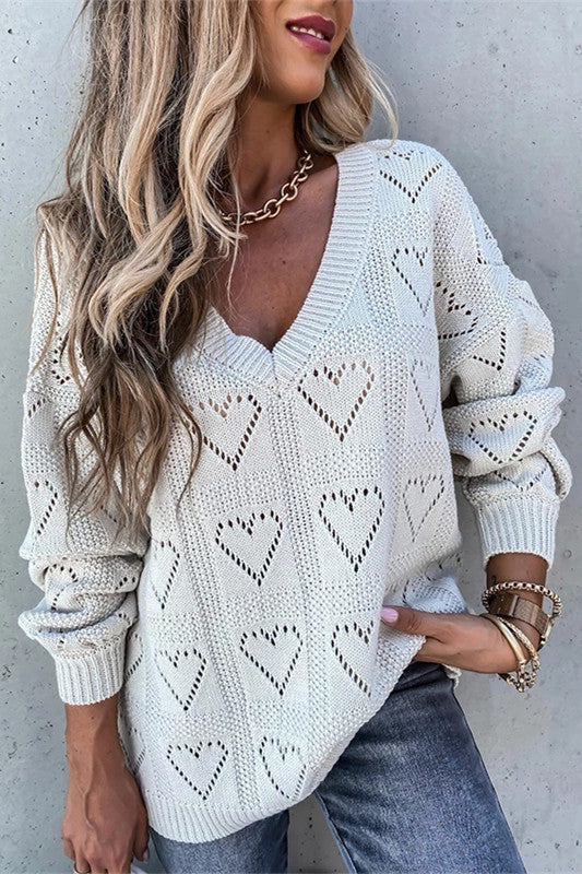 Hollow-out V Neck Long Sleeve Knitted Sweater