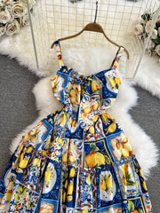 Mid-length a-line lemon print suspender dress seaside vacation long dress