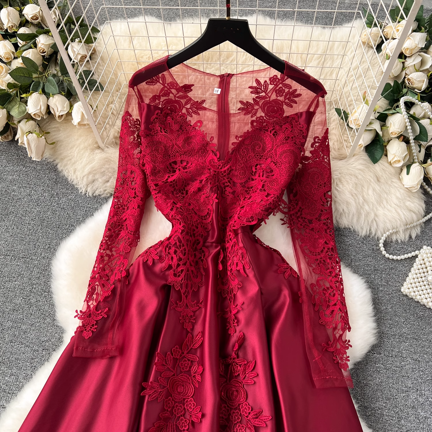 Red long-sleeve A-line dress