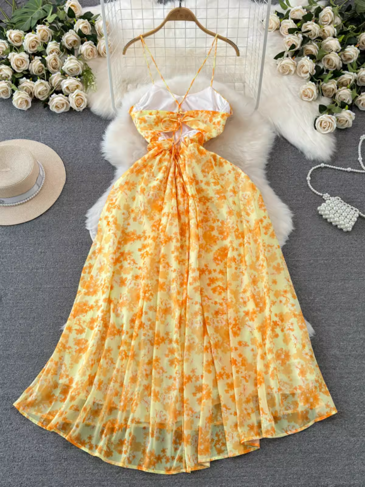 Summer beach resort style yellow floral dress