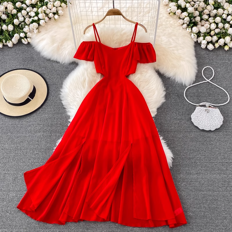 Red Off Shoulder Chiffon Dress,