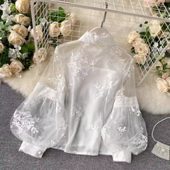 Mesh lace top women's stand-up collar three-dimensional embroidery puff sleeve court style Lace Blouses,