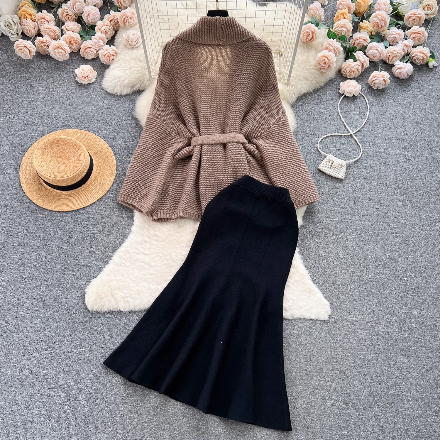 Elegant sweater jacket, versatile fishtail skirt two-piece trendy set,black dress