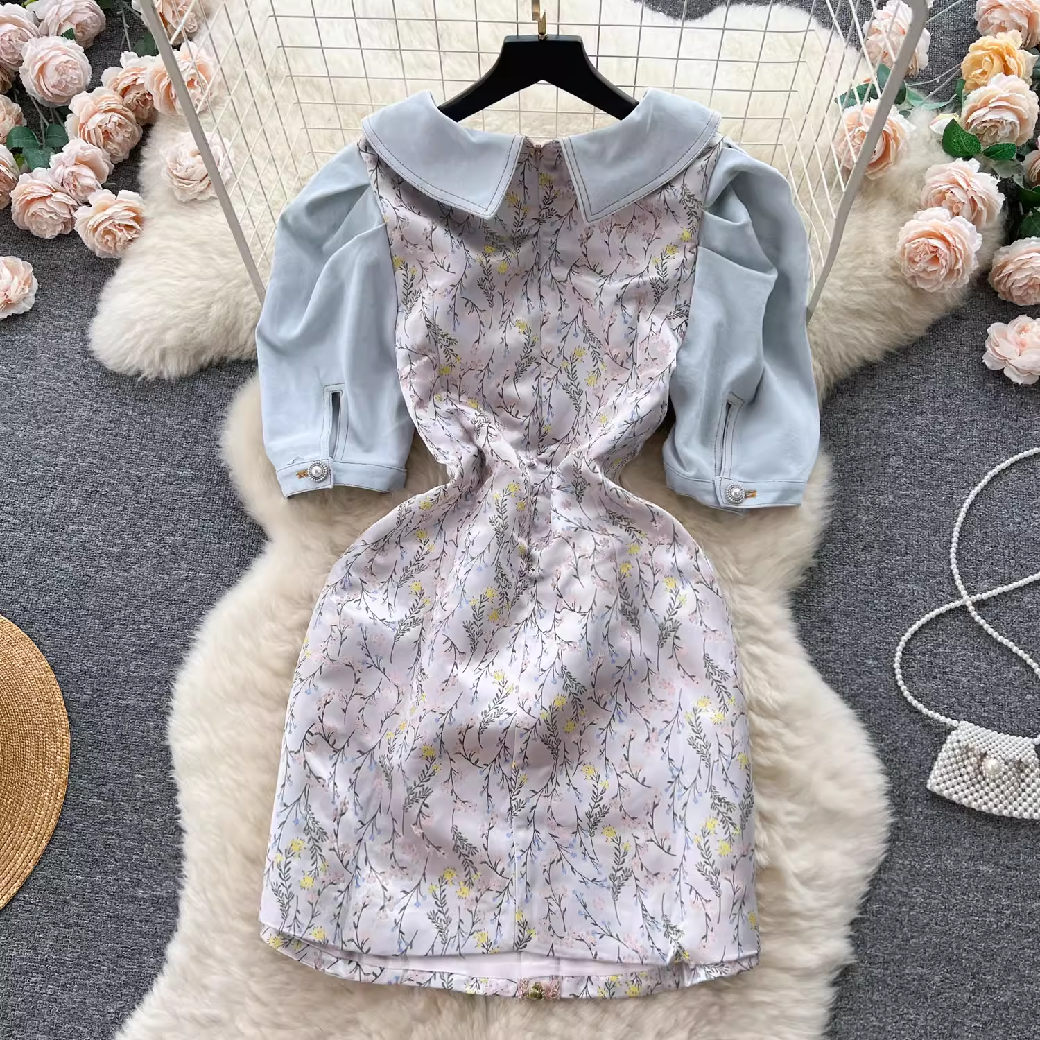 Light luxury denim splicing heavy embroidery slim short dress for women summer