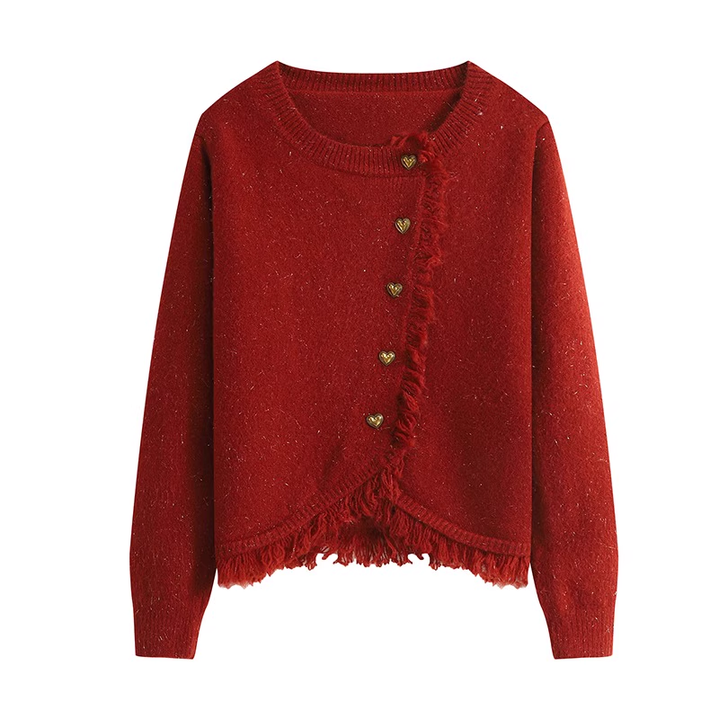 women's diagonal button tassel sweater