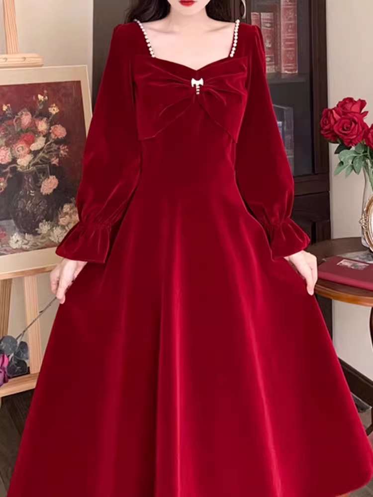 red velvet dress autumn and winter