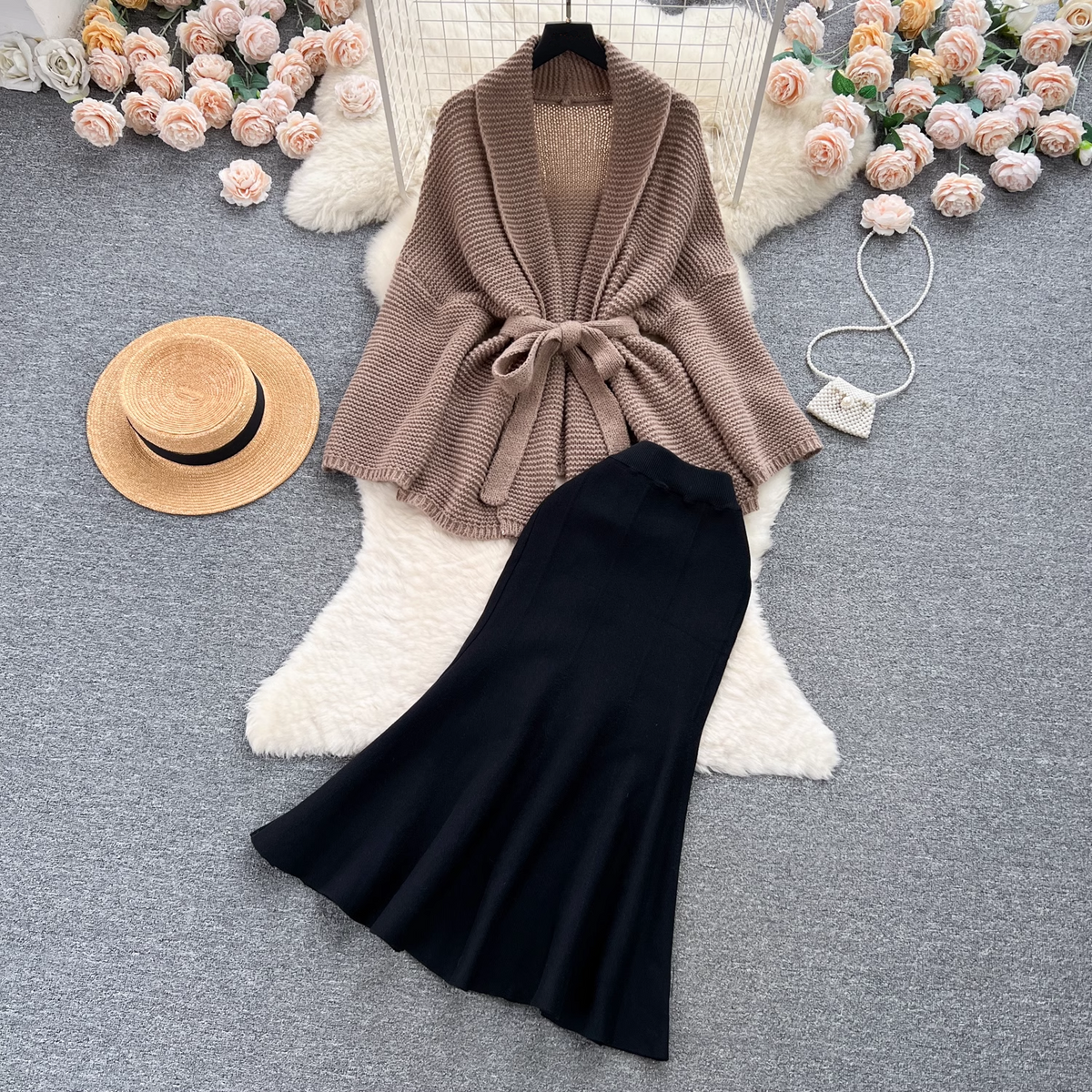 Elegant sweater jacket, versatile fishtail skirt two-piece trendy set,black dress