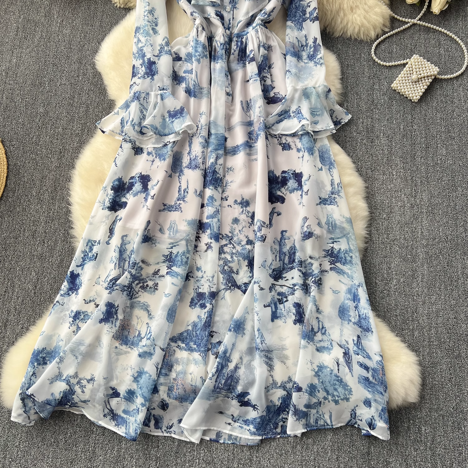 Retro elegant ink print chiffon dress