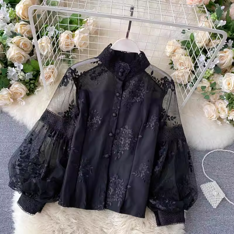 Mesh lace top women's stand-up collar three-dimensional embroidery puff sleeve court style Lace Blouses,