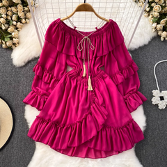 off-the-shoulder waistline slimming A-line dress with ruffles ,