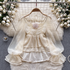 Puff sleeve shirt women's chic three-dimensional floral chiffon top