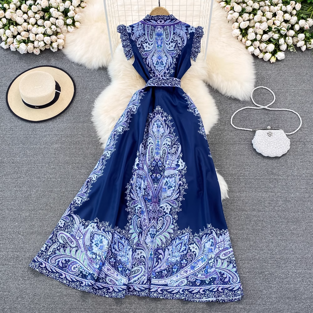 Retro palace style single-breasted lapel printed dress elegant a-line long skirt