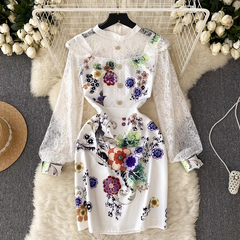 Elegant lace mosaic long sleeve printed dress for women,