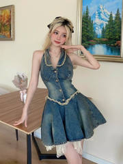 Retro halter dress women's summer denim dress