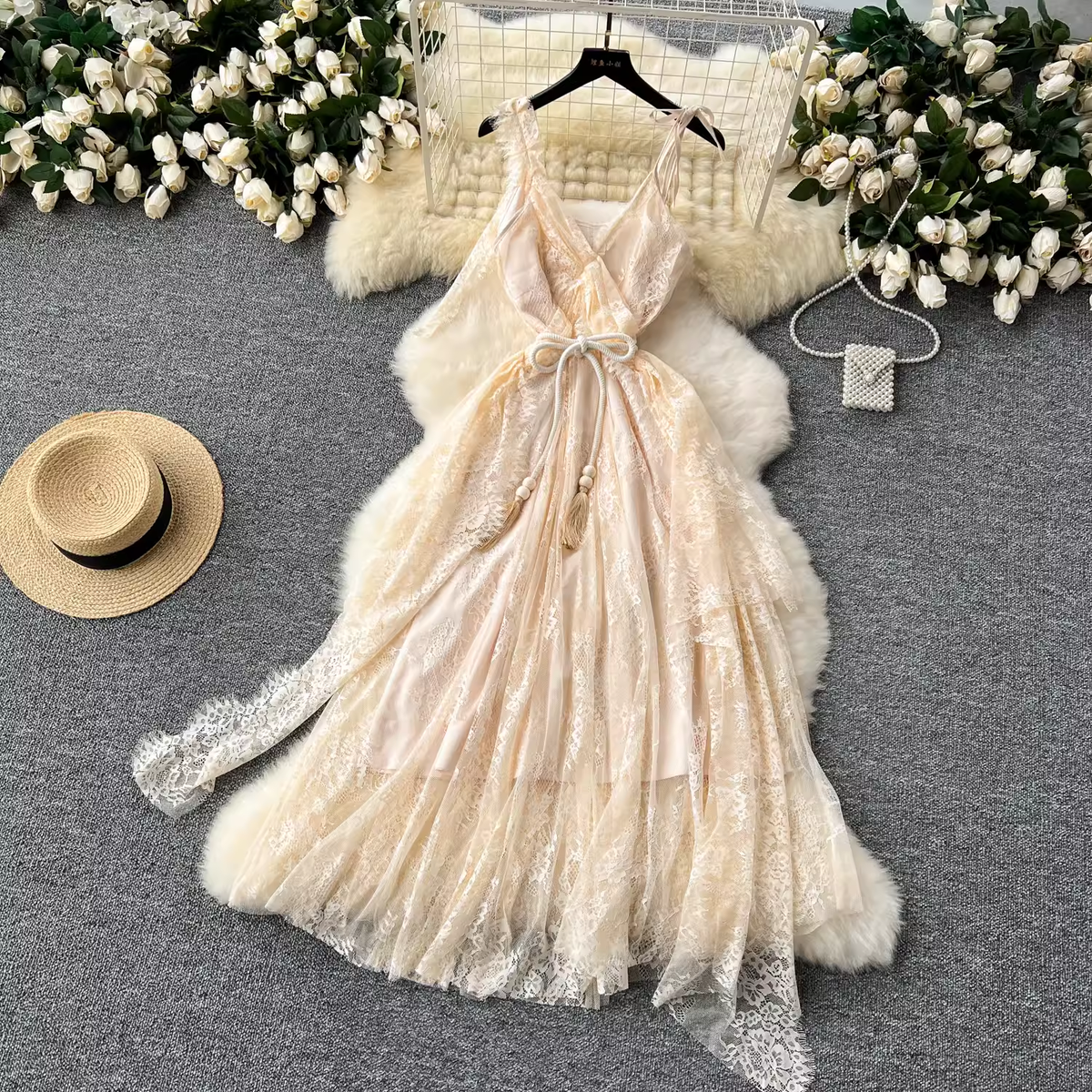 Lace hollow ribbon irregular backless dress