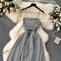 women's long striped suspender dress