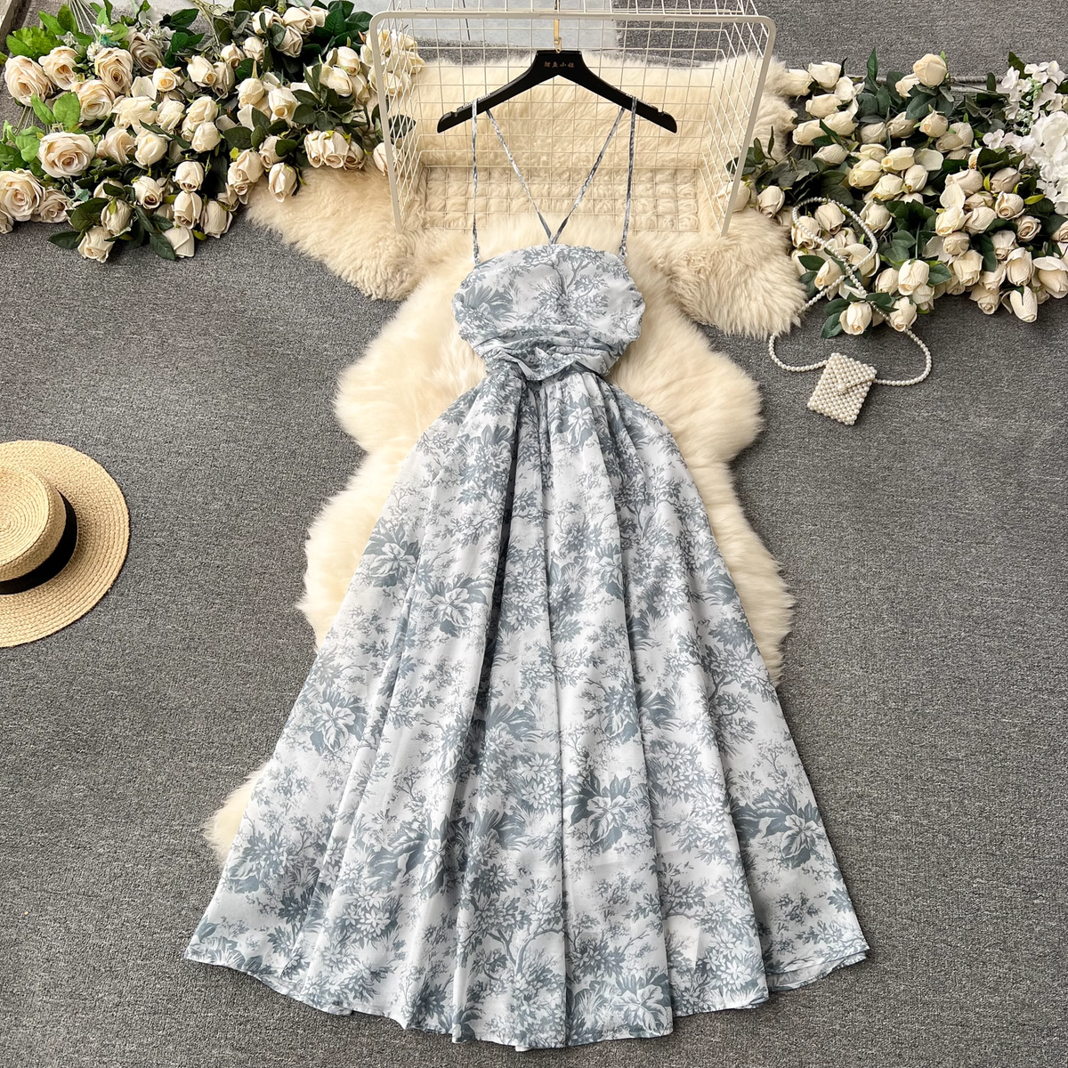 Sexy suspender skirt retro print vacation dress