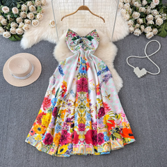 Colorful floral suspender seaside vacation dress