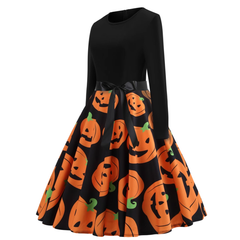 Halloween costume retro women's long-sleeved contrast black and pumpkin print dress