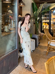 Women's summer retro butterfly print puff sleeve dress