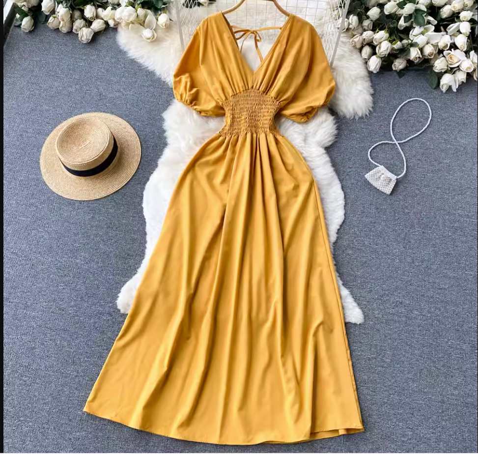 Pure color Puff Sleeves Maxi Dress ,