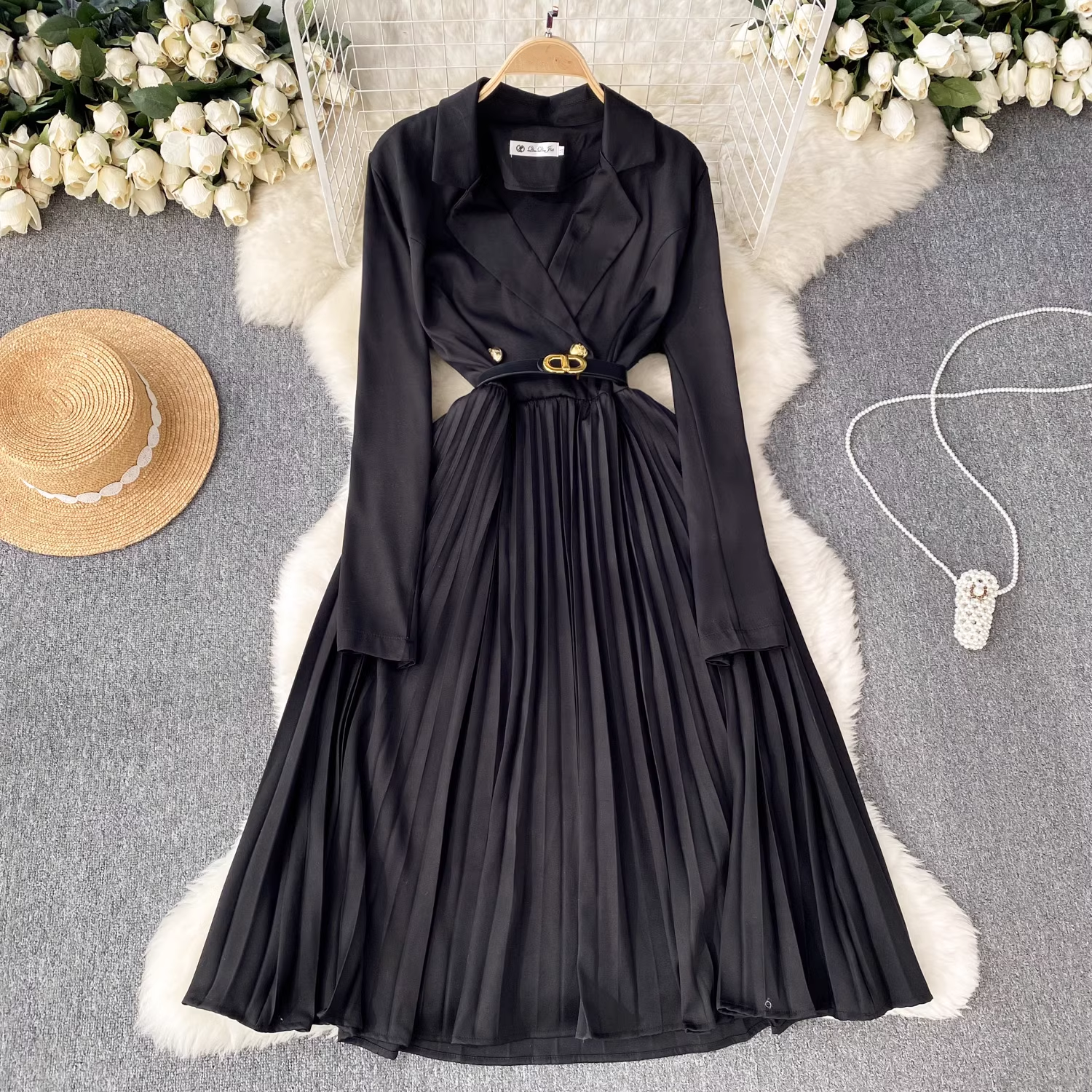 women's suit collar dress high waist pleated dress