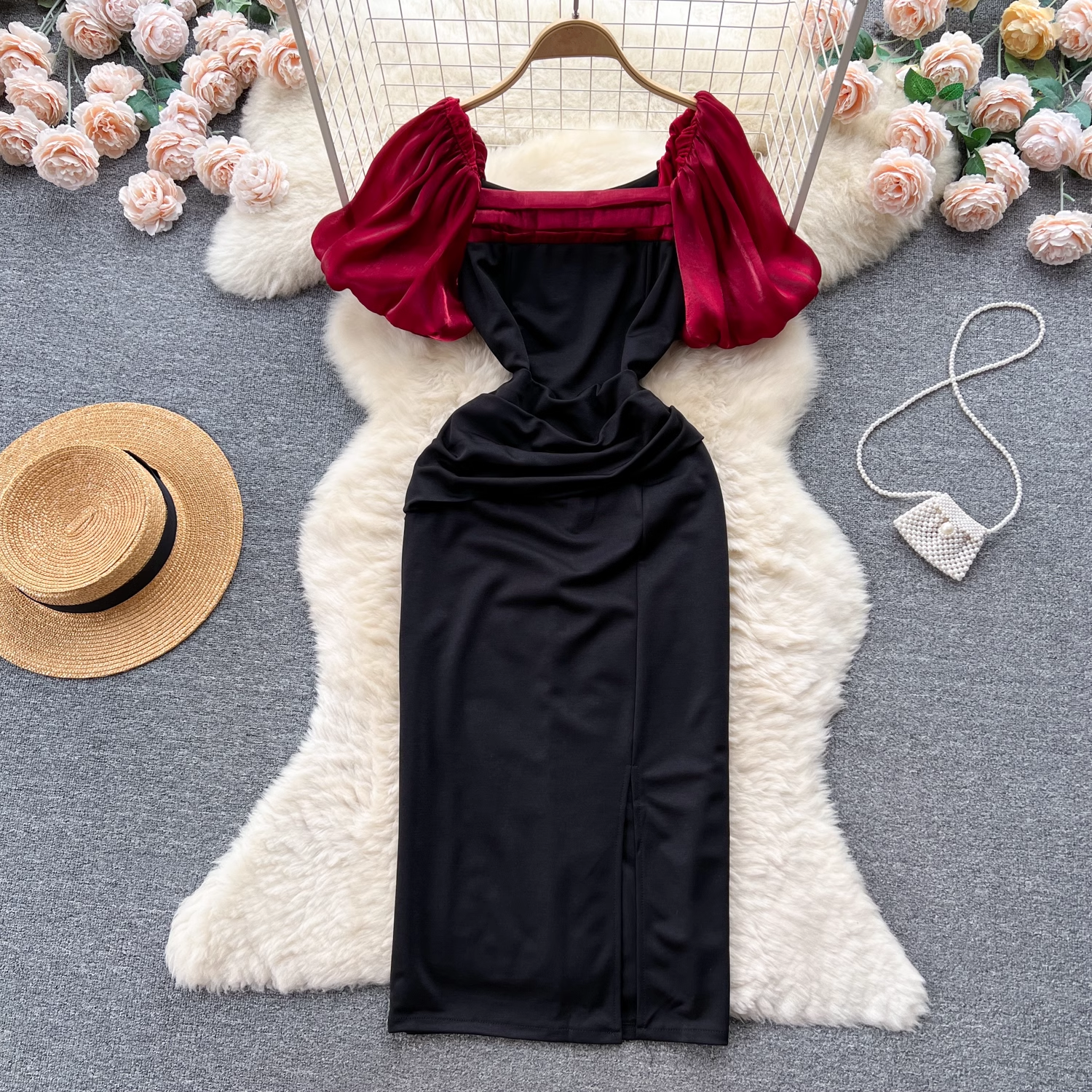 Square Neck Puff Sleeve Midi Dress