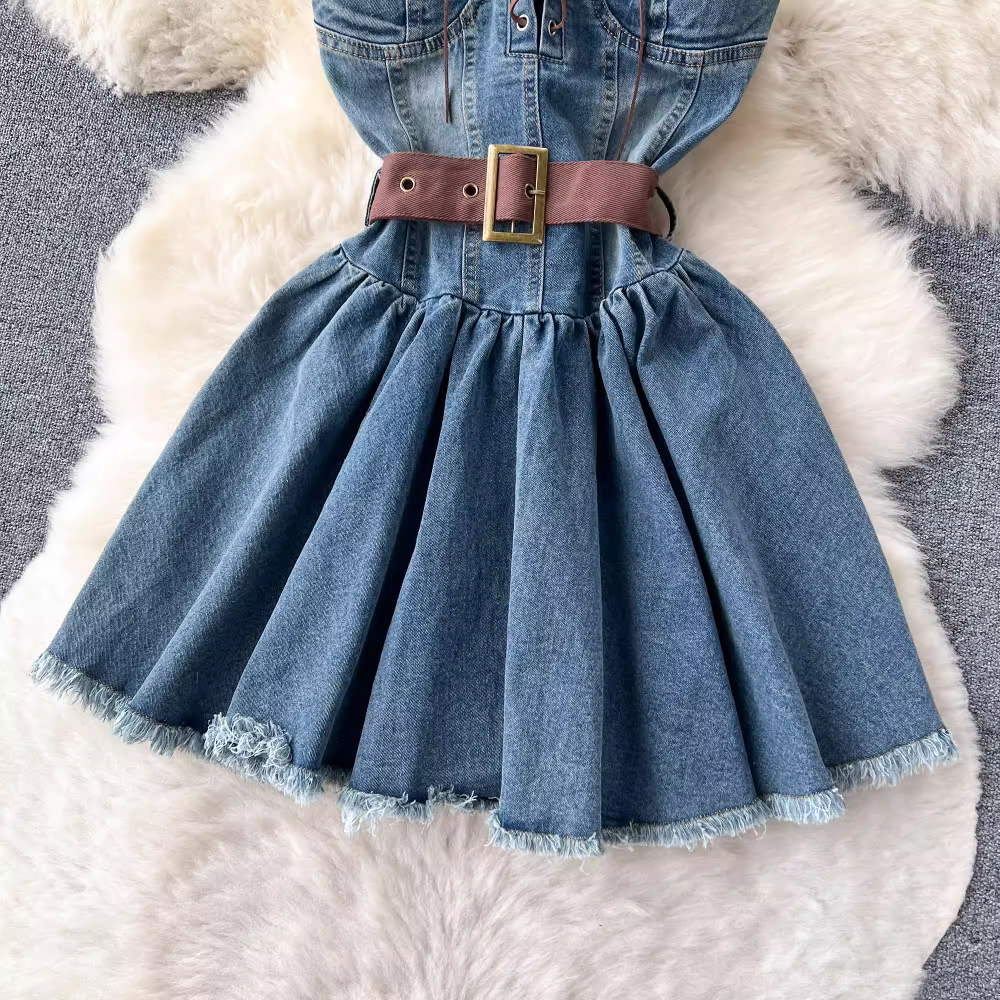 Retro Temperament Bandage Design Denim Dress ,