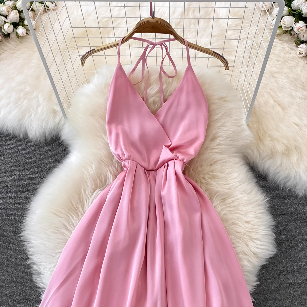 Pink V Neck Backless Summer Dress ,