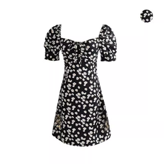 Retro pastoral floral daisy slim square neck dress