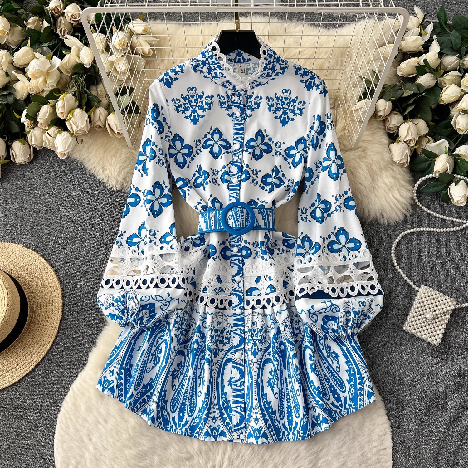 Stand collar printed dress women's retro court style lantern long-sleeved fairy dress