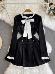 Long-sleeved stand-collar A-line corduroy dress