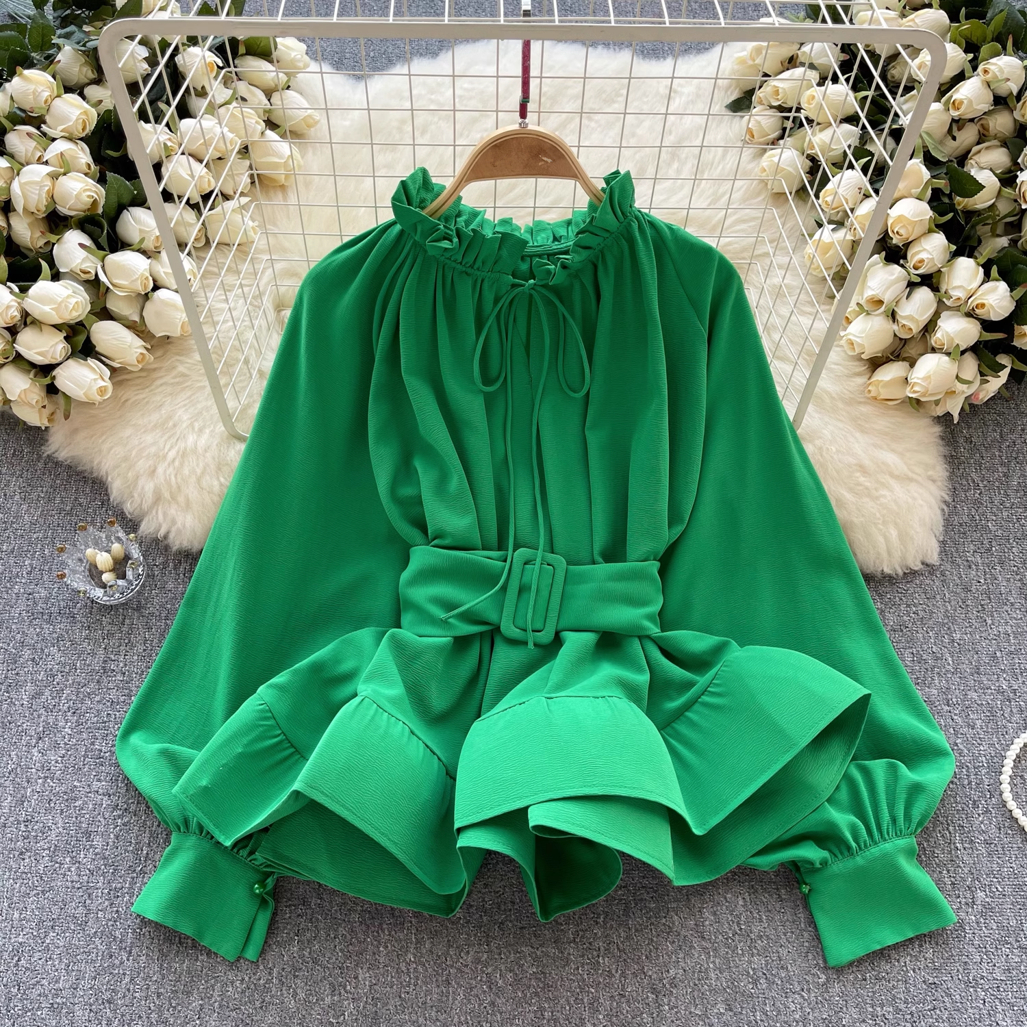 Retro court style waist tie with ruffle leaf edge blouses female niche chic long sleeves