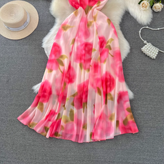 A-line printed chiffon suspender dress seaside vacation long dress