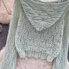 women's hollow crochet long sleeve knitted hooded shirt