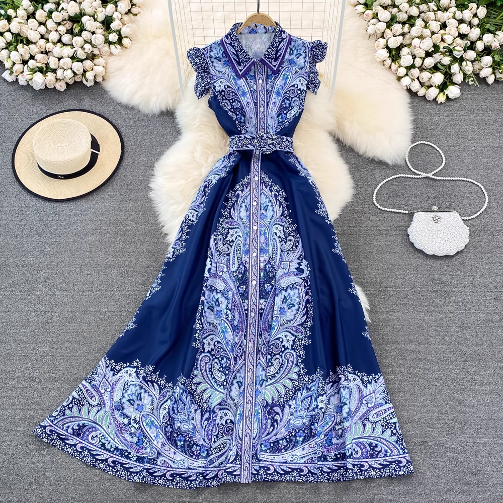 Retro palace style single-breasted lapel printed dress elegant a-line long skirt