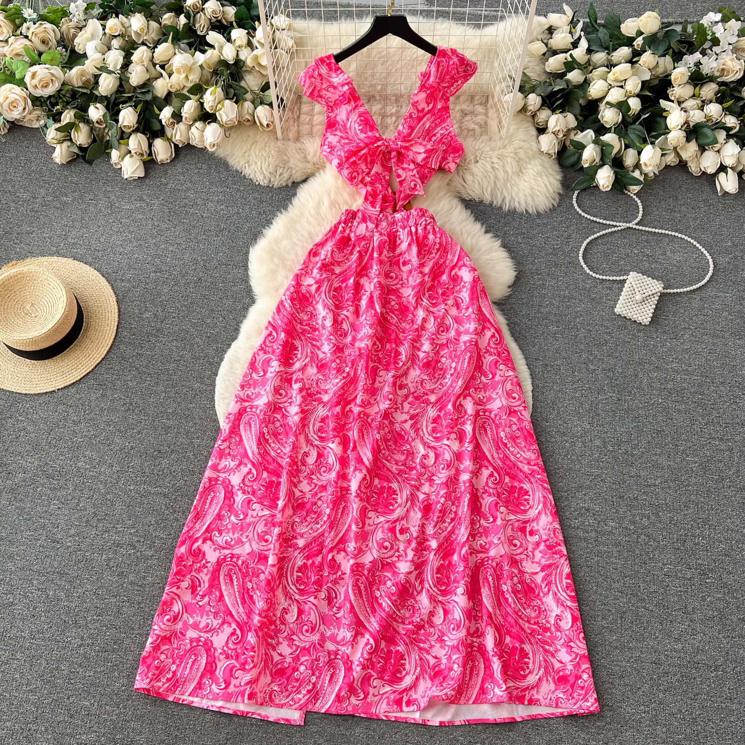 Women's summer floral suspender dress with ruffled slit