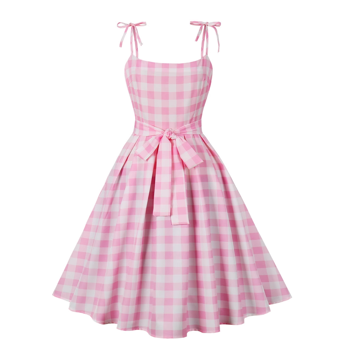 Summer Student Sweet Barbie Pink Plaid Bow Swing Dress